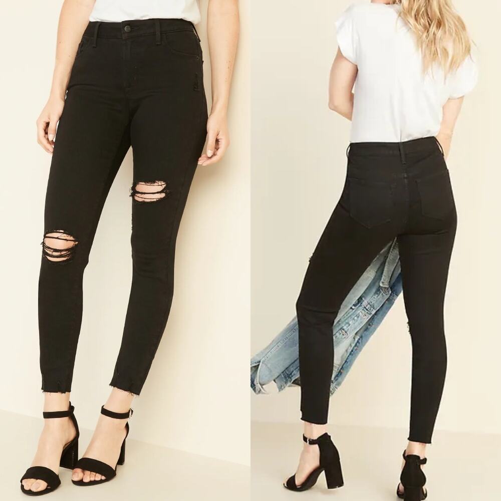 NWT Old Navy Mid Rise Rockstar Skinny Jeans Black Distressed Womens Size 10 Tall